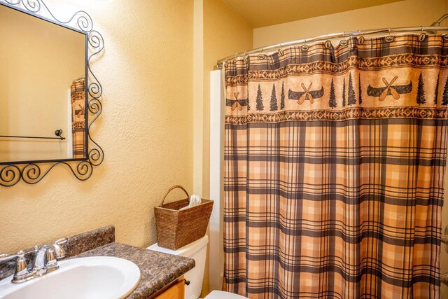 W5588 S Stone Gate Dr, New Lisbon, WI 53950 - full bathroom with toilet, a textured wall, a shower with shower curtain, and vanity