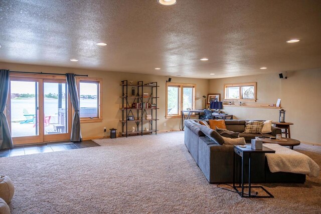 W5588 S Stone Gate Dr, New Lisbon, WI 53950 - living room with carpet floors, baseboards, recessed lighting, and a textured ceiling