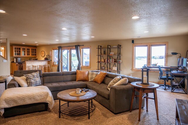 W5588 S Stone Gate Dr, New Lisbon, WI 53950 - carpeted living area with a healthy amount of sunlight, bar area, and recessed lighting