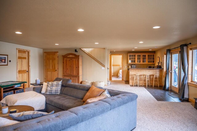 W5588 S Stone Gate Dr, New Lisbon, WI 53950 - living room with recessed lighting, dark tile patterned floors, and stairway