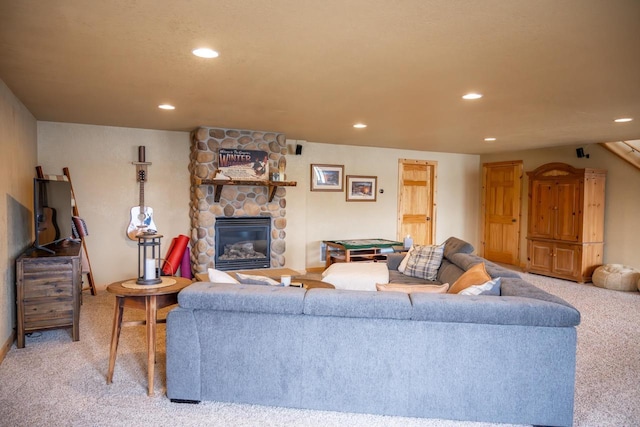 W5588 S Stone Gate Dr, New Lisbon, WI 53950 - living room featuring carpet, recessed lighting, and a stone fireplace