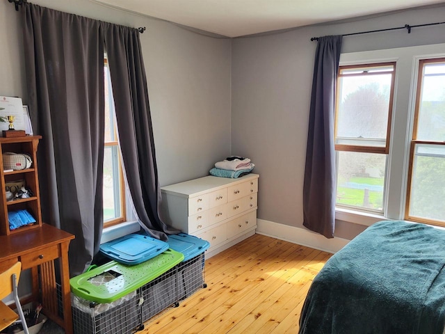 218 7th Ave, New Glarus, WI 53574 - bedroom with light wood-style floors, baseboards, and multiple windows
