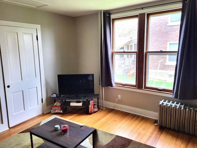 218 7th Ave, New Glarus, WI 53574 - living room with radiator heating unit, baseboards, and hardwood / wood-style floors