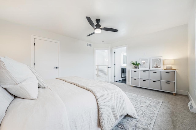 1810 White Dove Ln, Kaukauna, WI 54130 - bedroom featuring visible vents, baseboards, ceiling fan, light colored carpet, and connected bathroom