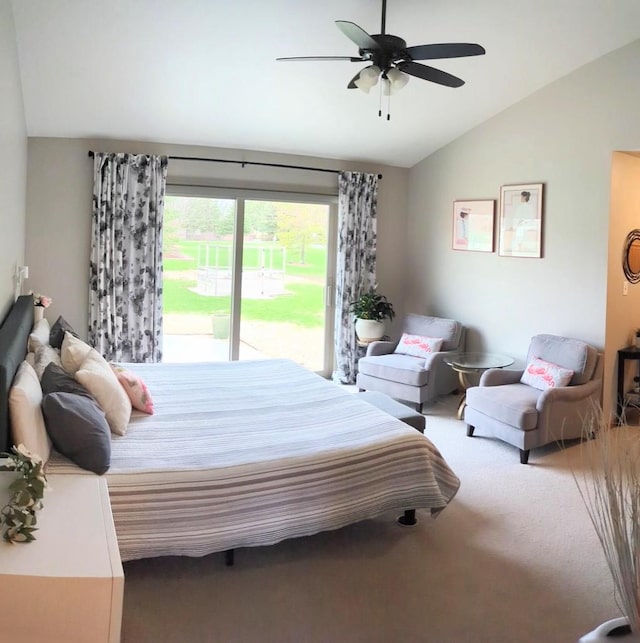 835 Mockingbird Ln, Plymouth, WI 53073 - carpeted bedroom featuring access to exterior, vaulted ceiling, and ceiling fan