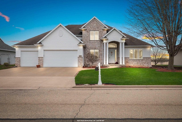 craftsman-style home featuring an attached garage, concrete driveway, brick siding, and a front yard