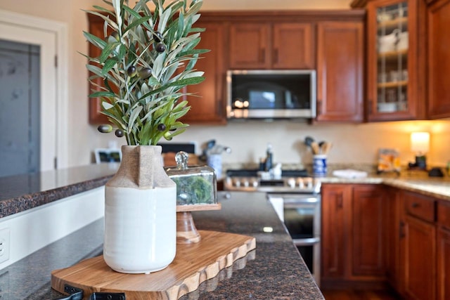 kitchen featuring glass insert cabinets, dark stone countertops, and stainless steel appliances