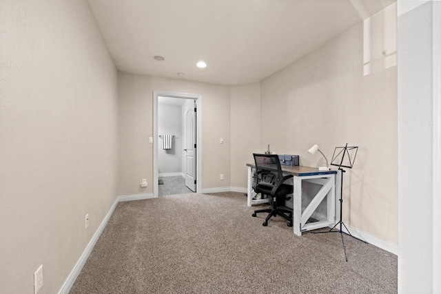 office with carpet floors, recessed lighting, and baseboards