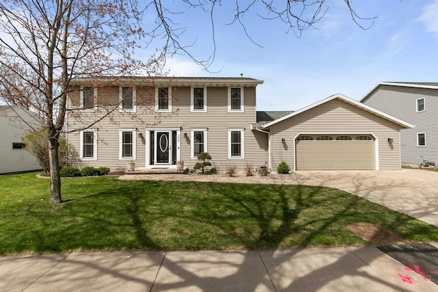 colonial inspired home featuring driveway, a front lawn, entry steps, and a garage
