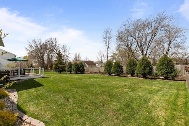 view of yard with a deck and fence