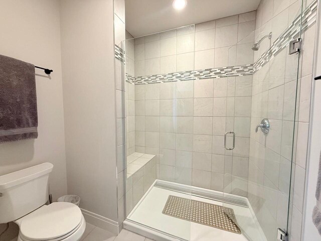 full bath with tile patterned flooring, toilet, baseboards, recessed lighting, and a shower stall