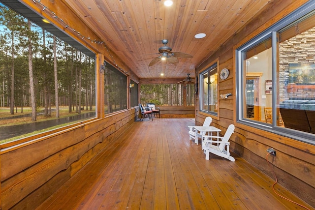 W5929 Driftwood Ln, New Lisbon, WI 53950 - sunroom featuring ceiling fan, wood walls, hardwood / wood-style floors, wood ceiling, and recessed lighting