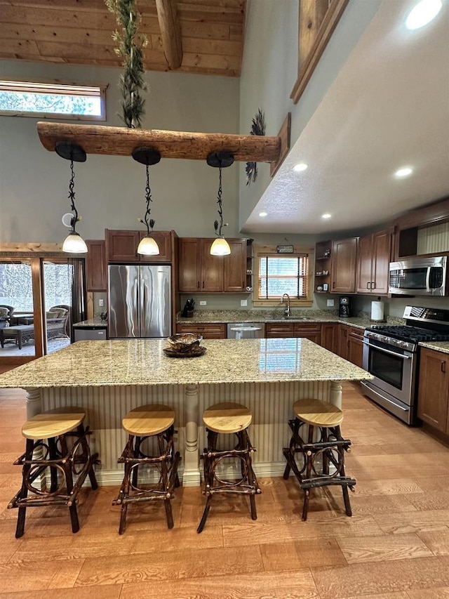W5929 Driftwood Ln, New Lisbon, WI 53950 - kitchen with appliances with stainless steel finishes, light wood finished floors, a large island, a high ceiling, and light stone counters