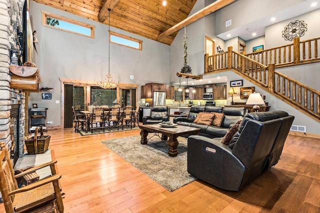 W5929 Driftwood Ln, New Lisbon, WI 53950 - living room with high vaulted ceiling, a wooden ceiling with exposed beams, stairway, a chandelier, and wood finished floors