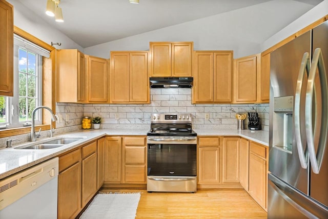 3631 Flagstone Cir, Middleton, WI 53562 - kitchen featuring stainless steel appliances, under cabinet range hood, a sink, lofted ceiling, and backsplash