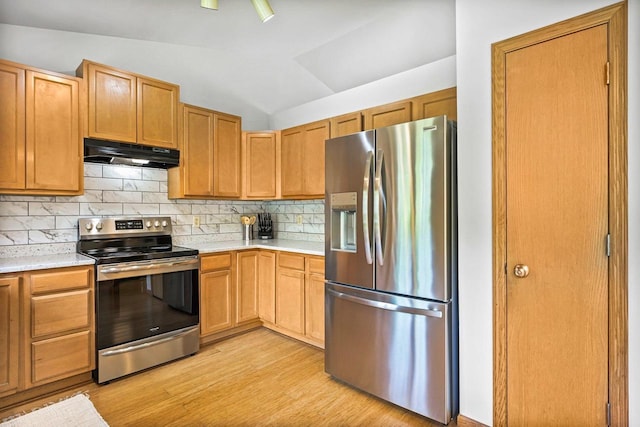 3631 Flagstone Cir, Middleton, WI 53562 - kitchen with stainless steel appliances, under cabinet range hood, light wood-style flooring, tasteful backsplash, and lofted ceiling