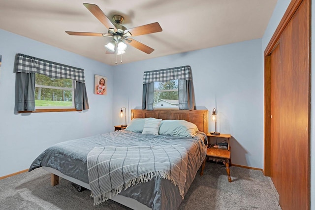 bedroom featuring carpet floors, multiple windows, baseboards, and a closet