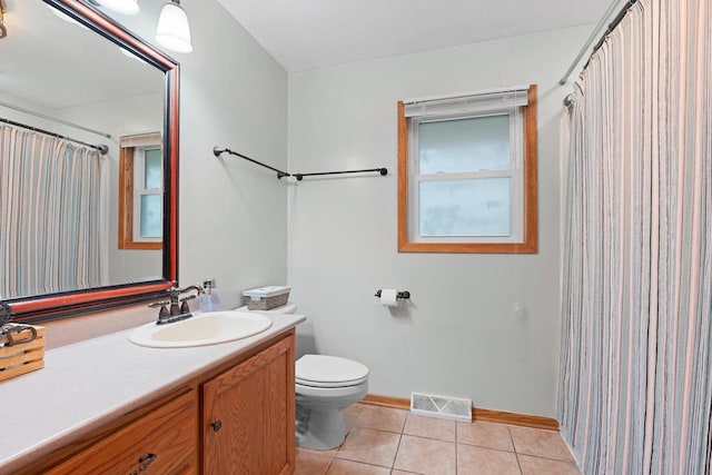 bathroom with tile patterned flooring, vanity, toilet, baseboards, and visible vents