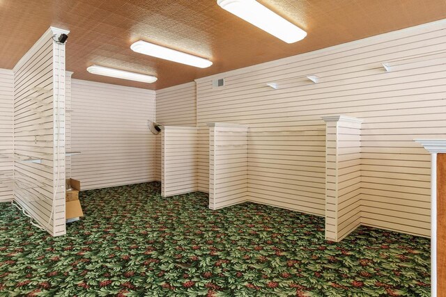 interior space featuring carpet floors and wooden walls