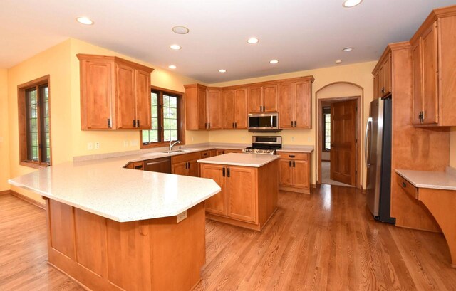 765 Safer Ct, Brookfield, WI 53045 - kitchen with a peninsula, a sink, stainless steel appliances, light countertops, and light wood-style floors