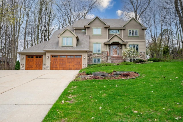 765 Safer Ct, Brookfield, WI 53045 - craftsman-style home featuring concrete driveway, an attached garage, a front lawn, and stone siding