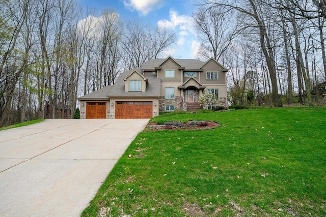 765 Safer Ct, Brookfield, WI 53045 - craftsman-style home with stone siding, concrete driveway, a garage, and a front lawn