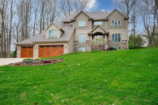 765 Safer Ct, Brookfield, WI 53045 - craftsman inspired home featuring a garage, a front lawn, stone siding, and driveway