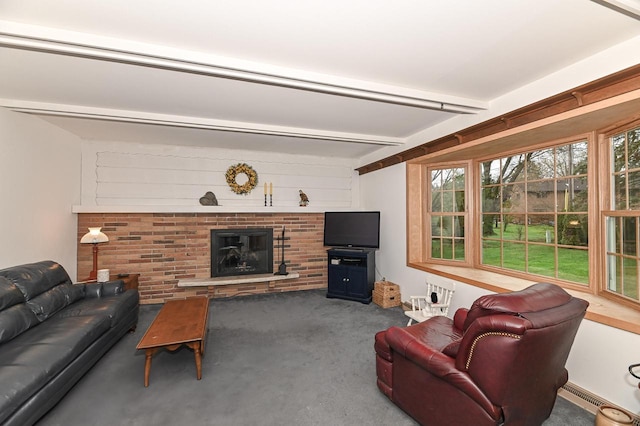 carpeted living room with a brick fireplace