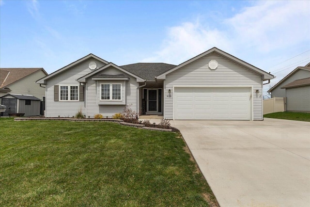 single story home with an attached garage, a storage shed, a front yard, concrete driveway, and an outdoor structure