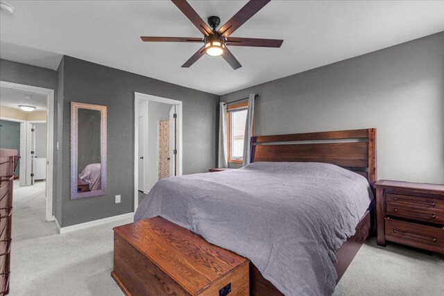 bedroom with carpet floors, baseboards, and ceiling fan