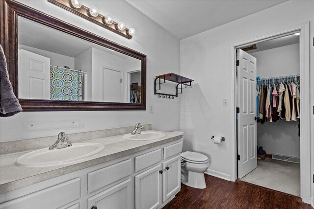 bathroom with toilet, a walk in closet, and a sink