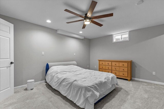 bedroom featuring carpet floors, baseboards, a ceiling fan, and recessed lighting
