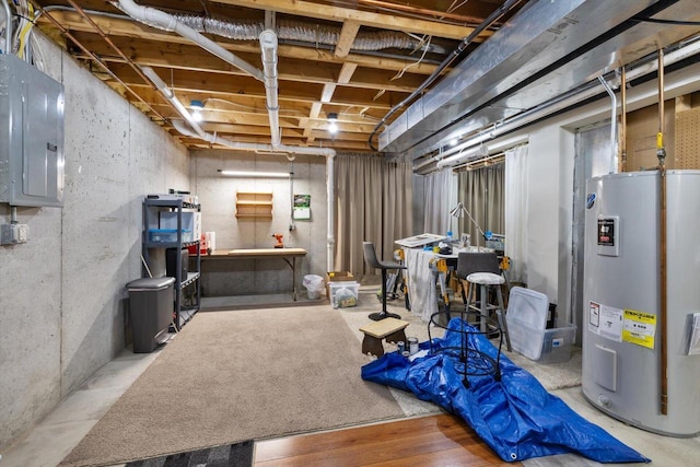 unfinished basement with water heater and electric panel