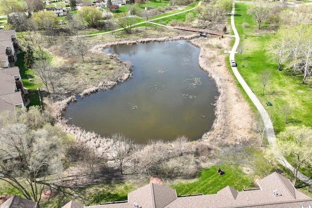 bird's eye view with a water view