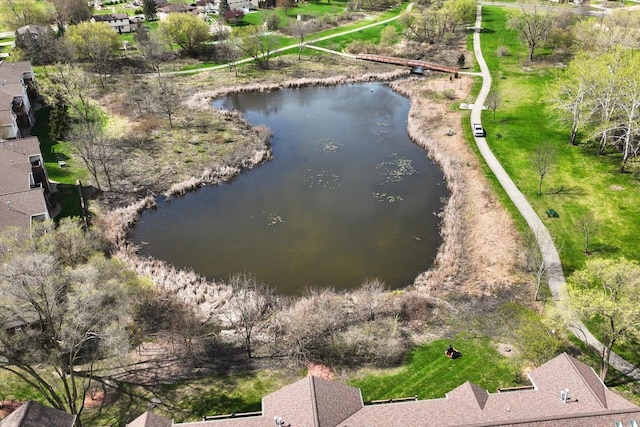 aerial view featuring a water view