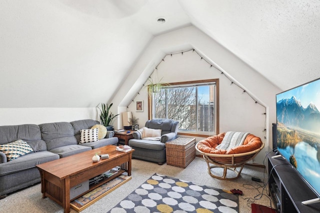 living room featuring light colored carpet, lofted ceiling, and visible vents