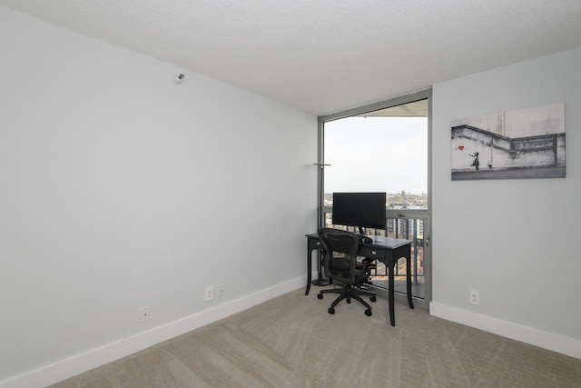carpeted home office with baseboards, a textured ceiling, and expansive windows