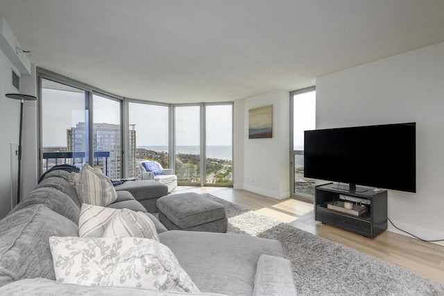living area featuring floor to ceiling windows, a healthy amount of sunlight, and light wood-style flooring