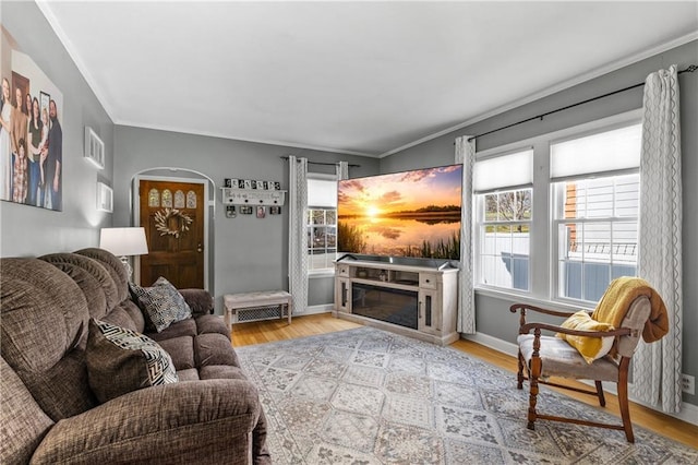 living room featuring baseboards, visible vents, ornamental molding, and light wood-style floors
