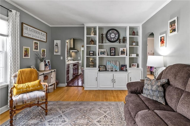 living room with plenty of natural light, arched walkways, and light wood-style flooring