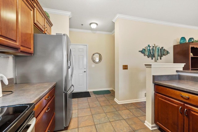 kitchen with dark countertops, brown cabinets, baseboards, electric stove, and ornamental molding