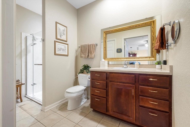bathroom with vanity, tile patterned floors, a stall shower, and toilet