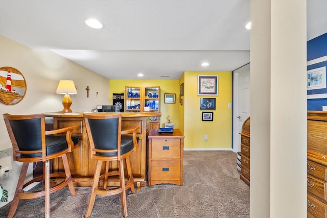 bar featuring carpet floors, a dry bar, baseboards, and recessed lighting
