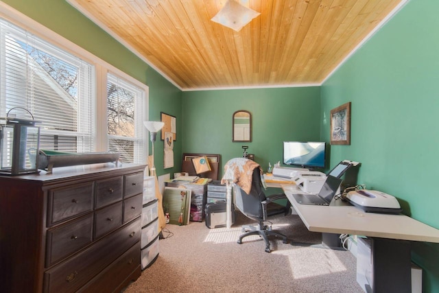 office with crown molding, wood ceiling, and carpet
