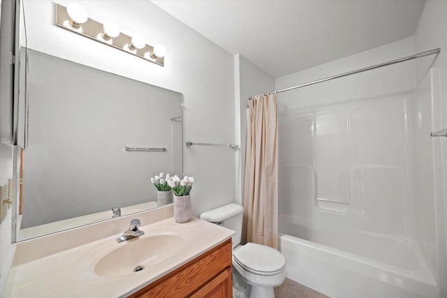 full bathroom featuring toilet, shower / bath combination with curtain, tile patterned flooring, and vanity