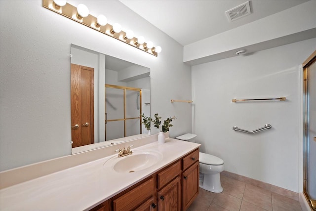 bathroom with visible vents, tile patterned floors, a stall shower, and toilet