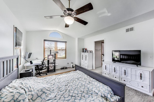 bedroom with visible vents, light carpet, baseboards, a ceiling fan, and vaulted ceiling