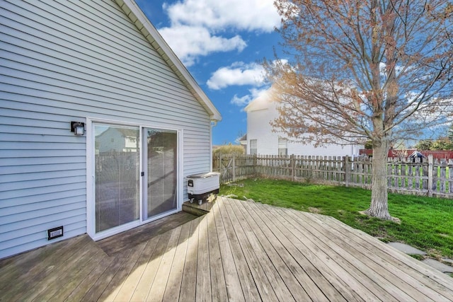 deck with a fenced backyard and a yard
