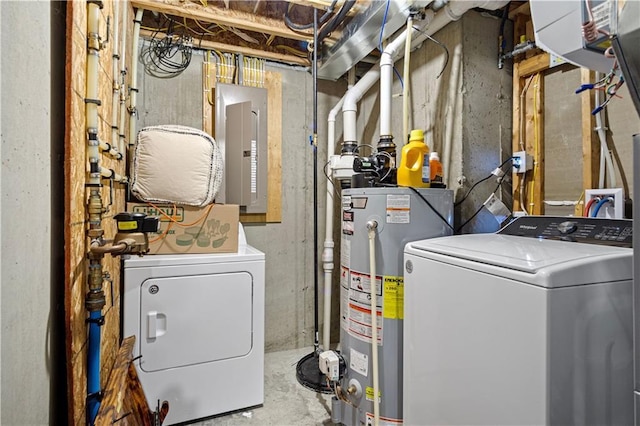 2931 Drier Rd, Eau Claire, WI 54701 - washroom featuring gas water heater, laundry area, washer and clothes dryer, and electric panel