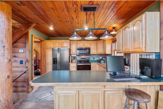 510 State Rd Unit 35, Saint Croix Falls, WI 54024 - kitchen featuring a peninsula, light brown cabinets, wooden ceiling, appliances with stainless steel finishes, and backsplash